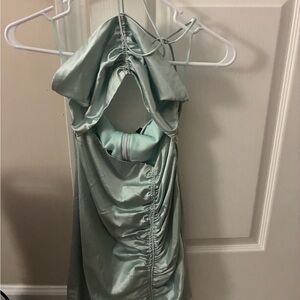 Satin Ruched Halter Dress in Sage Green